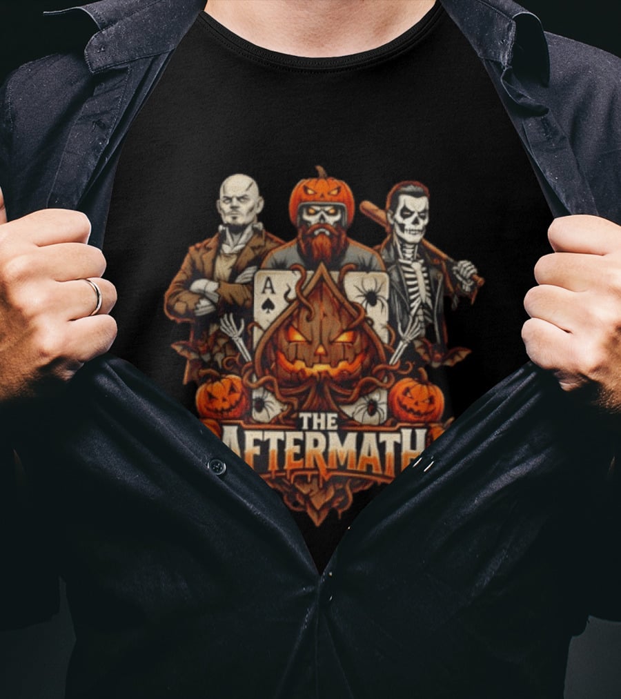 The Aftermath Halloween Pumpkin Trio With Cards Skeleton And Bald Man 2026 T-Shirt