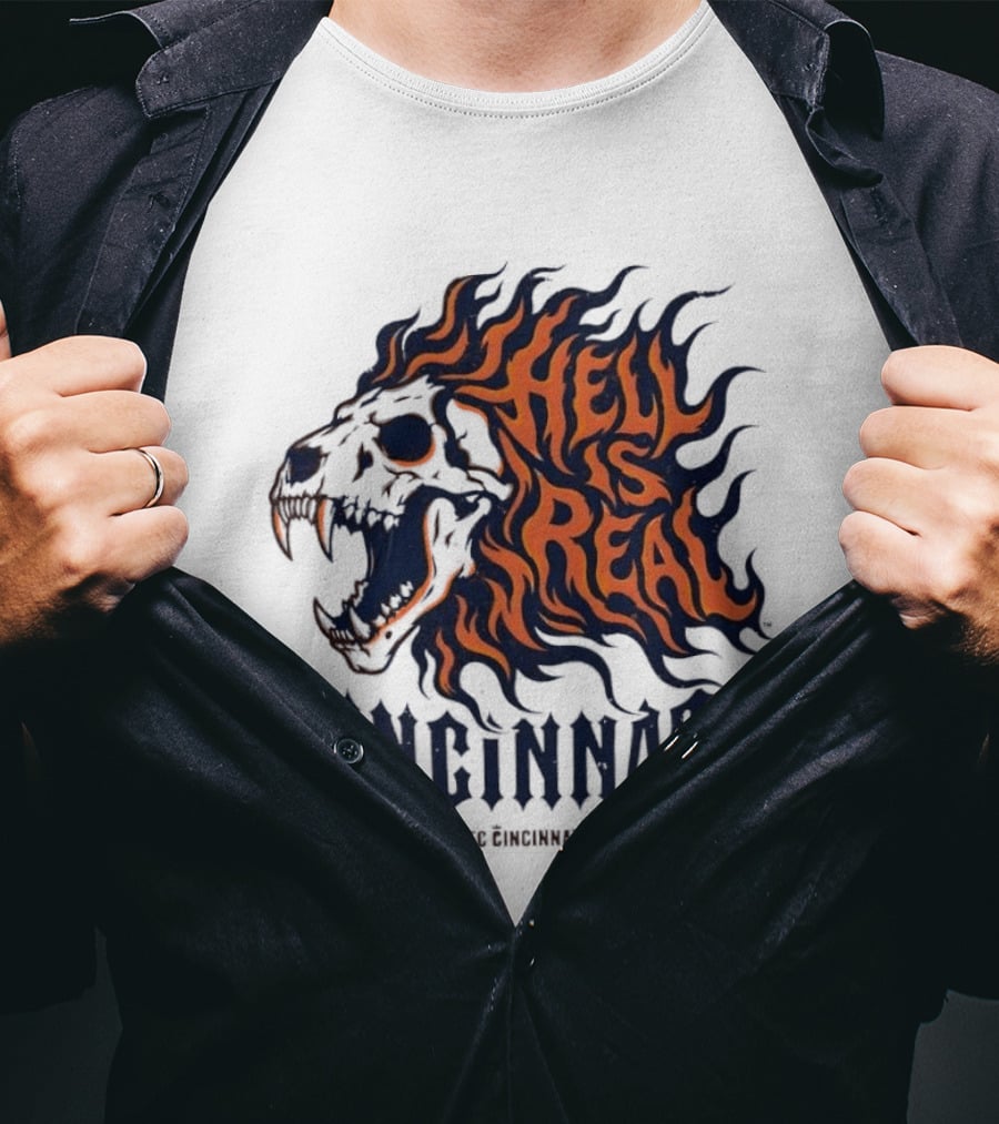 FC Cincinnati Lion Skull Hell Is Real Flames Roaring Fire T-Shirt