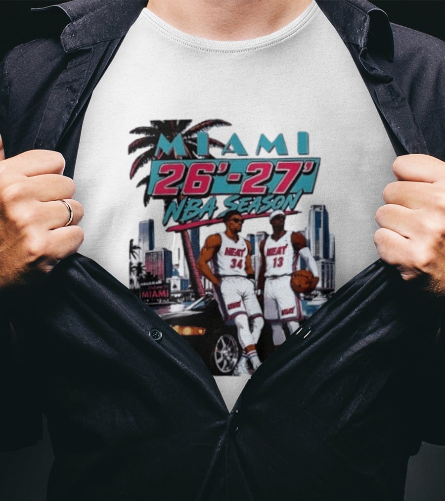 Miami Heat 26 27 NBA Season Palm Trees Skyline Players T-Shirt