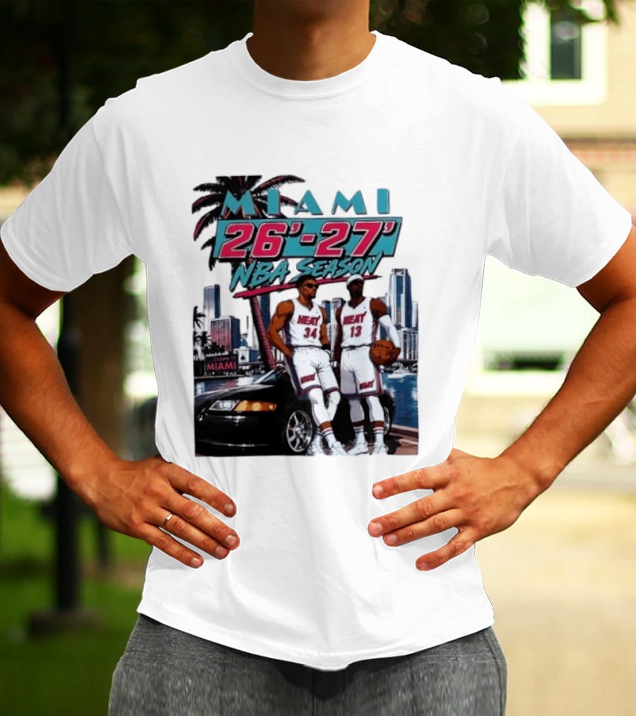 Miami Heat 26 27 NBA Season Palm Trees Skyline Players T-Shirt