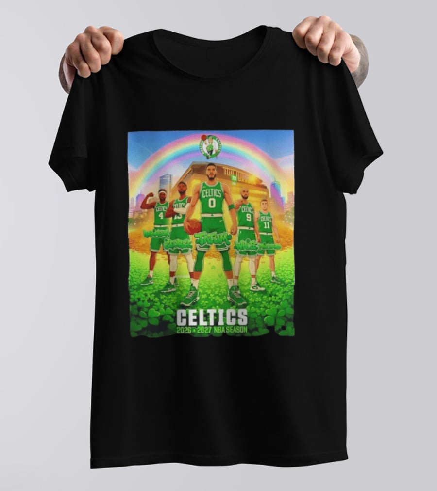 Boston Celtics 2026 2027 NBA Season Tatum George White Robinson Pritchard Basketball Team Players Under Rainbow Scene T-Shirt