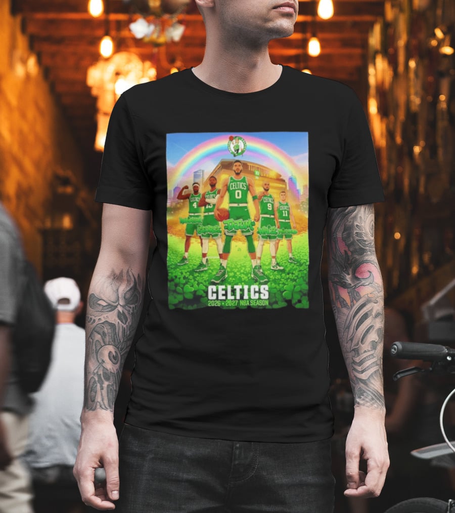 Boston Celtics 2026 2027 NBA Season Tatum George White Robinson Pritchard Basketball Team Players Under Rainbow Scene T-Shirt