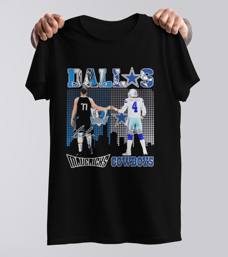 Dallas Mavericks Cowboys Skyline Signatures Luka Doncic Dak Prescott T-Shirt