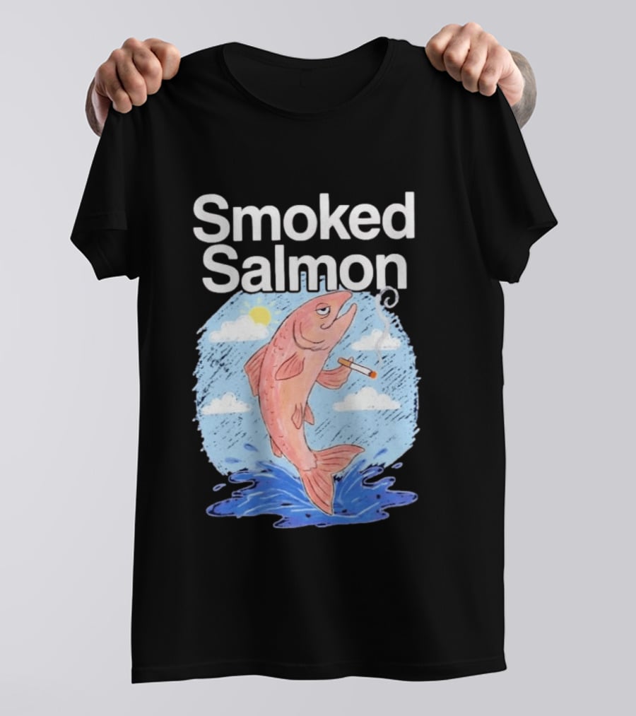 Smoked Salmon Smoking Fish Humorous Cartoon Design With Cloud And Water T-Shirt