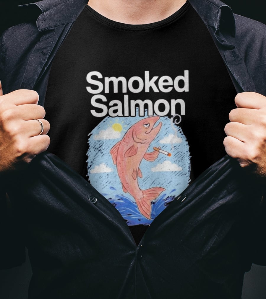 Smoked Salmon Smoking Fish Humorous Cartoon Design With Cloud And Water T-Shirt