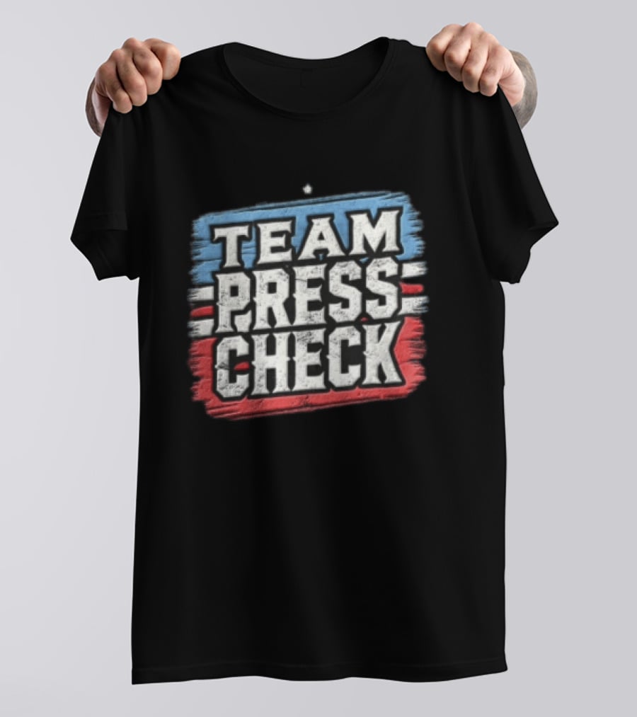 Team Press Check Bold Text On Red And Blue Stripes T-Shirt