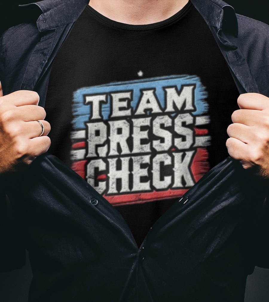 Team Press Check Bold Text On Red And Blue Stripes T-Shirt