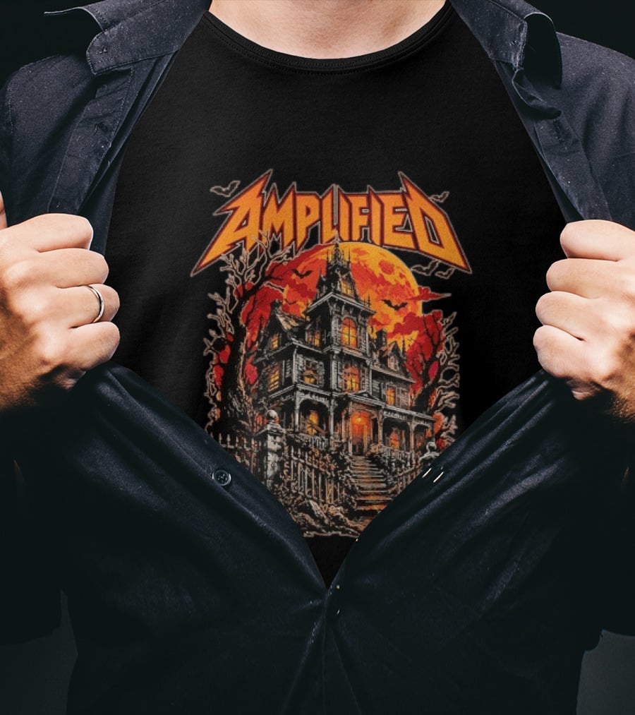 Amplified Haunted House Creepy Mansion With Eerie Full Moon And Dark Trees T-Shirt