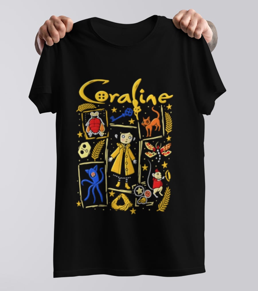 Coraline Characters Key Yellow Coat Cat Other Mother Neil Gaiman T-Shirt