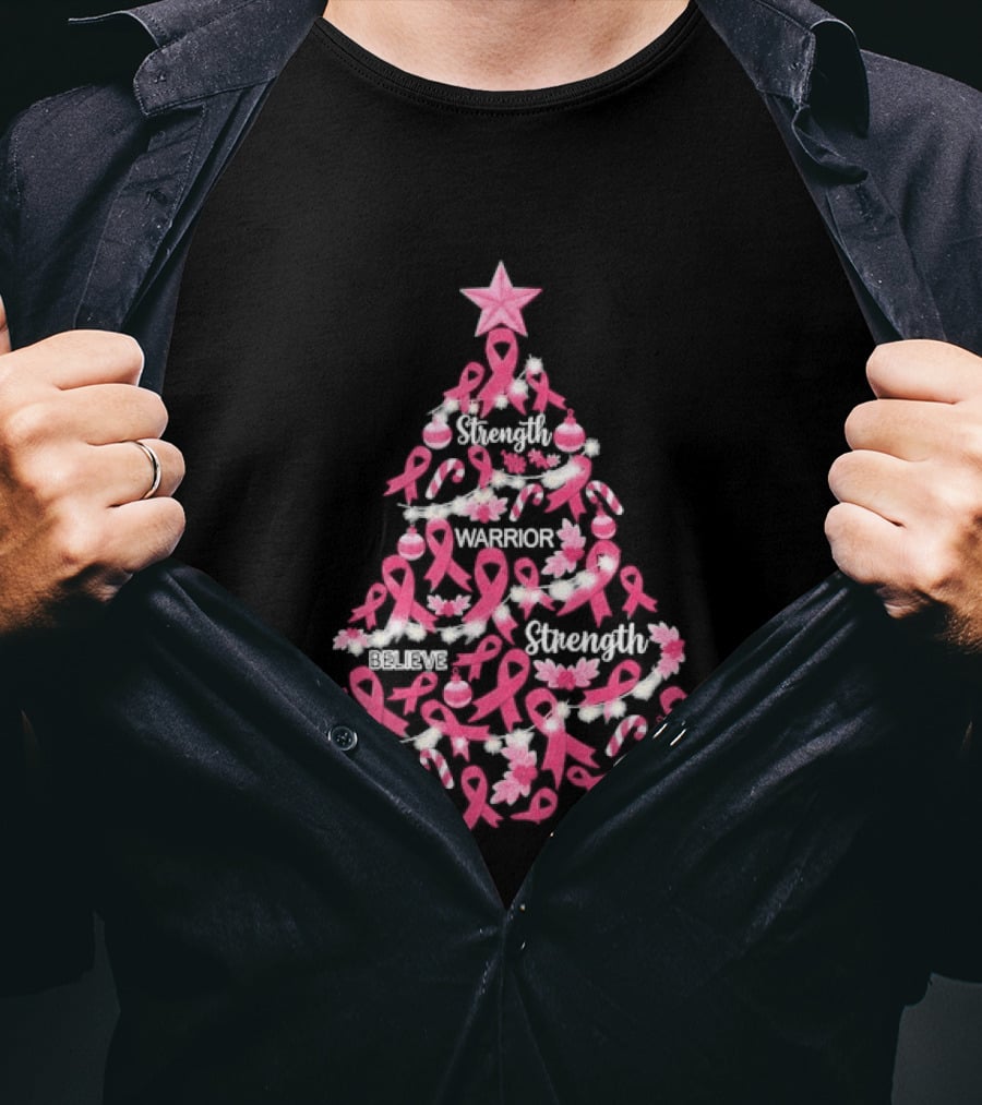 Warrior Strength Believe Breast Cancer Awareness Christmas Tree T-Shirt