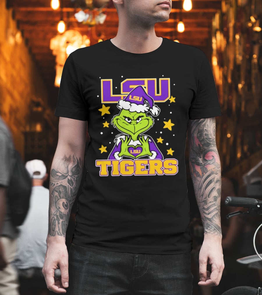 LSU Tigers Grinch Christmas Heart Hands T-Shirt