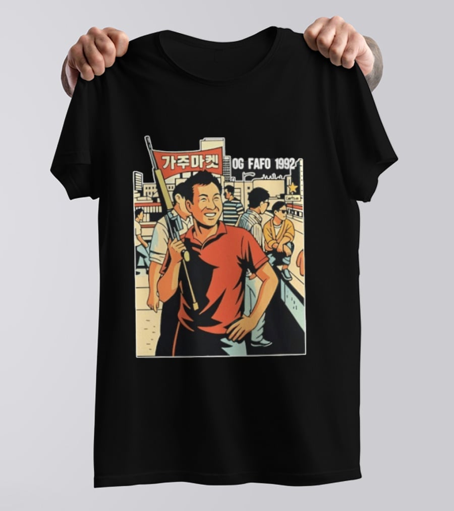 OG FAFO 1992 Rooftop Koreans Cartoon Characters Holding Flag And Rifle Urban Rooftop Scene T-Shirt