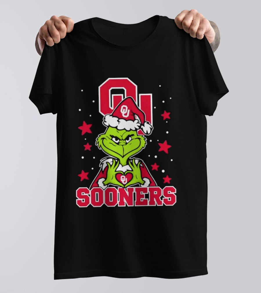 Oklahoma Sooners Grinch Christmas Heart Hands OU Santa Hat T-Shirt