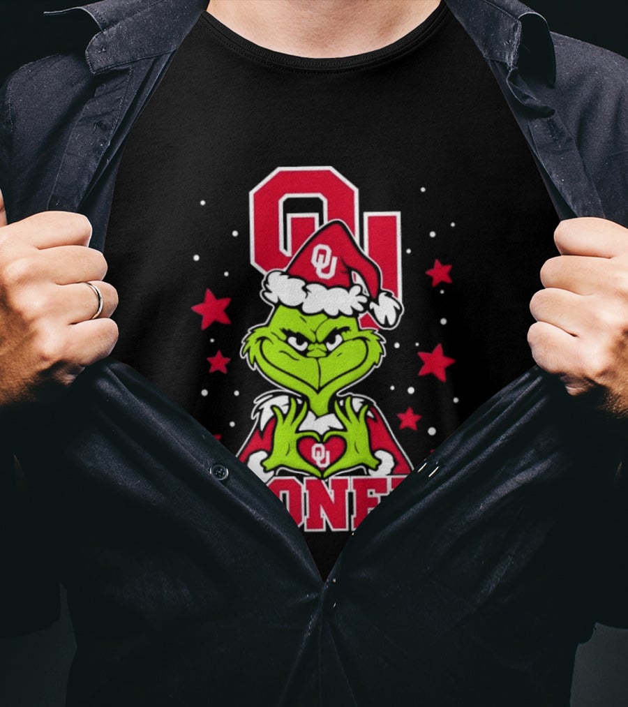 Oklahoma Sooners Grinch Christmas Heart Hands OU Santa Hat T-Shirt