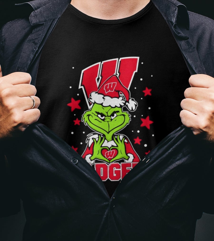 Grinch Wearing Wisconsin Badgers Hat Christmas Sports Fan T-Shirt