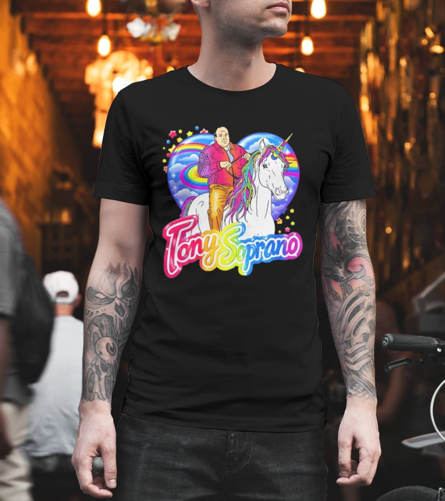 Tony Soprano Riding Rainbow Unicorn With Heart And Stars T-Shirt