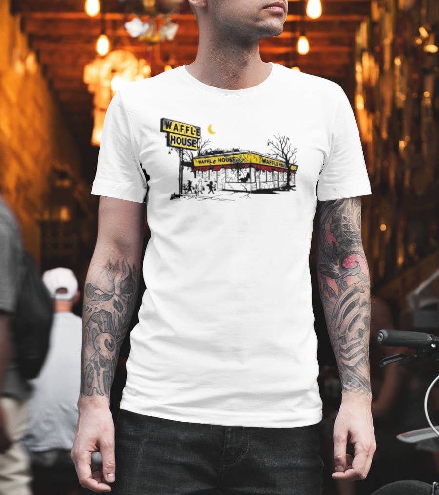 Haunted Waffle House Halloween 2026 Spooky Night Scene With Moon And Trees T-Shirt