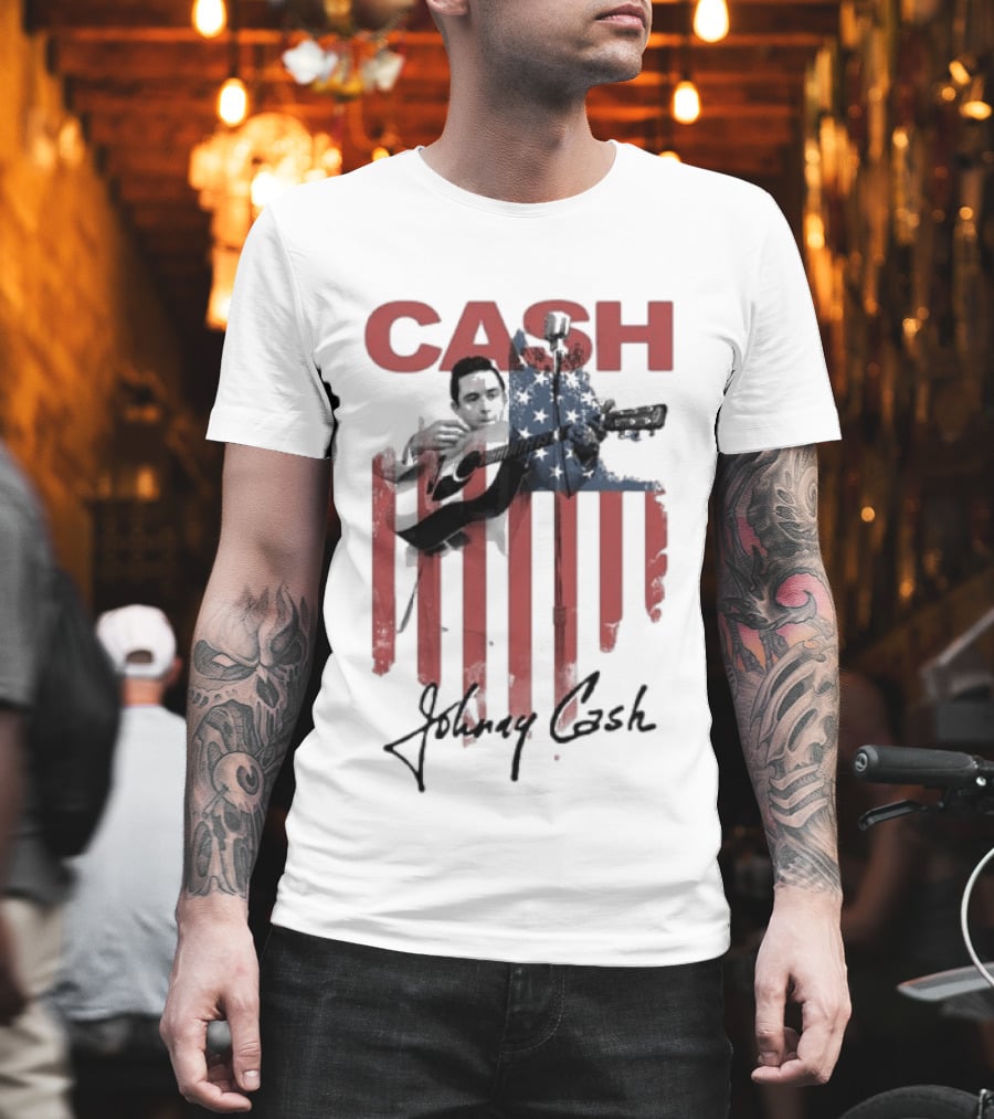 Johnny Cash American Flag Red Guitar Microphone T-Shirt