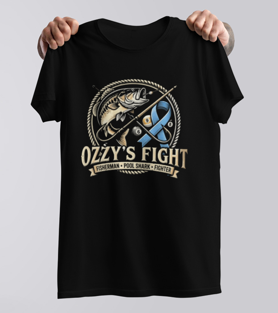 Ozzys Fight Fisherman Pool Shark Fighter Blue Ribbon Challenge T-Shirt