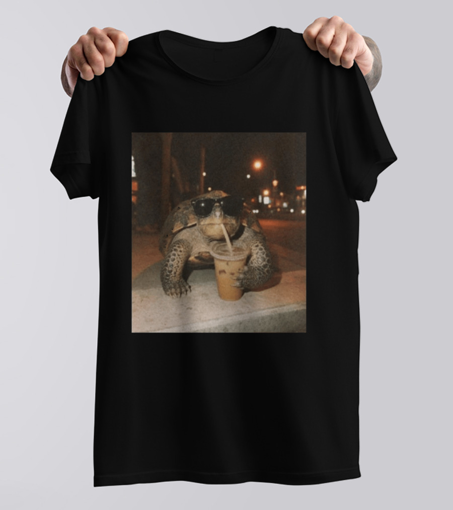 Turtle Wearing Sunglasses Drinking Iced Coffee At Night T-Shirt