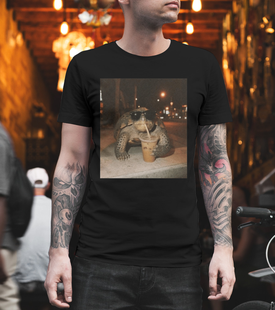 Turtle Wearing Sunglasses Drinking Iced Coffee At Night T-Shirt