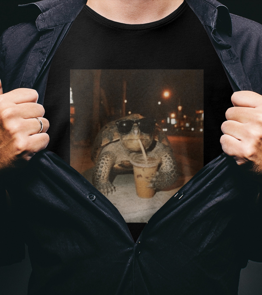 Turtle Wearing Sunglasses Drinking Iced Coffee At Night T-Shirt