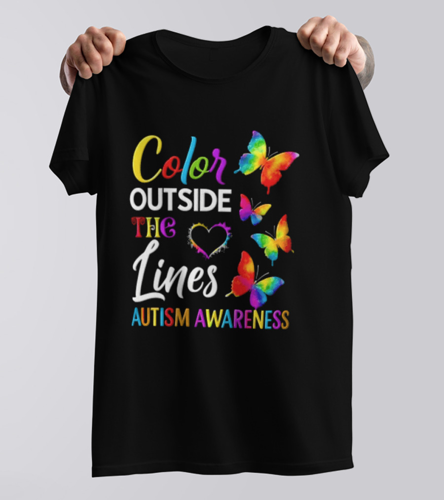 Color Outside The Lines Heart And Butterflies Autism Awareness T-Shirt