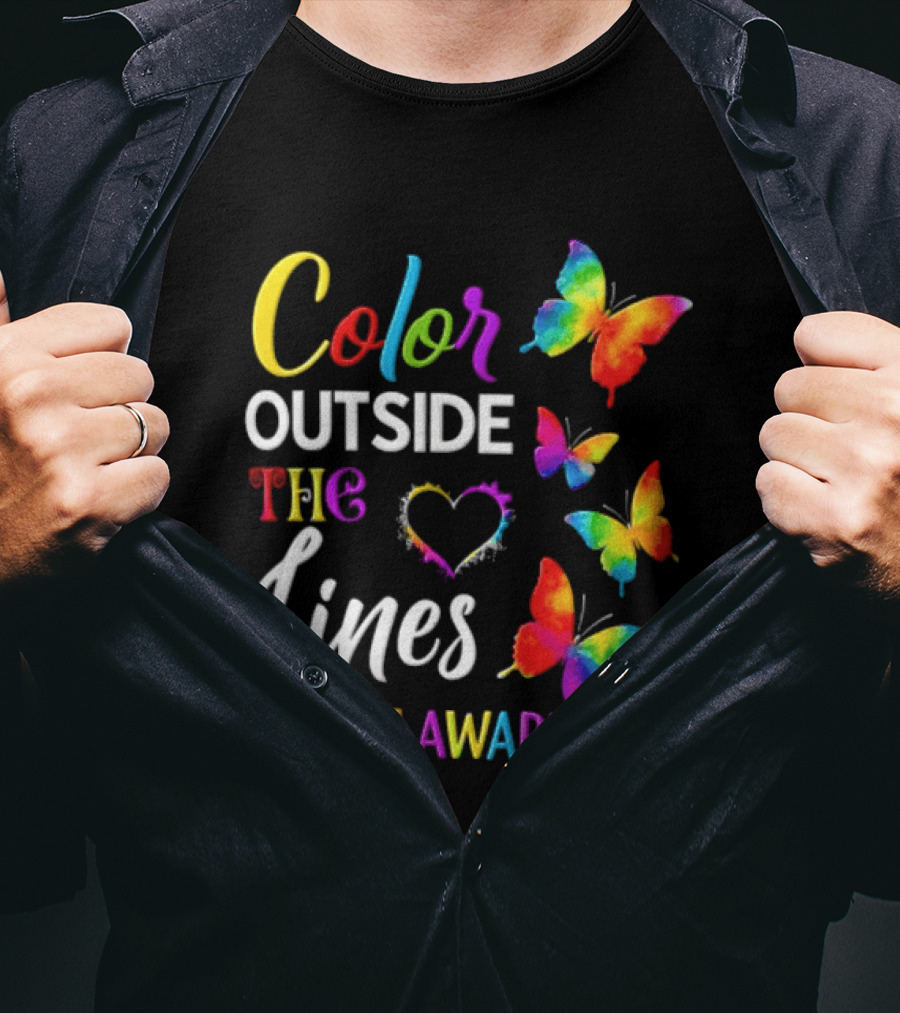 Color Outside The Lines Heart And Butterflies Autism Awareness T-Shirt