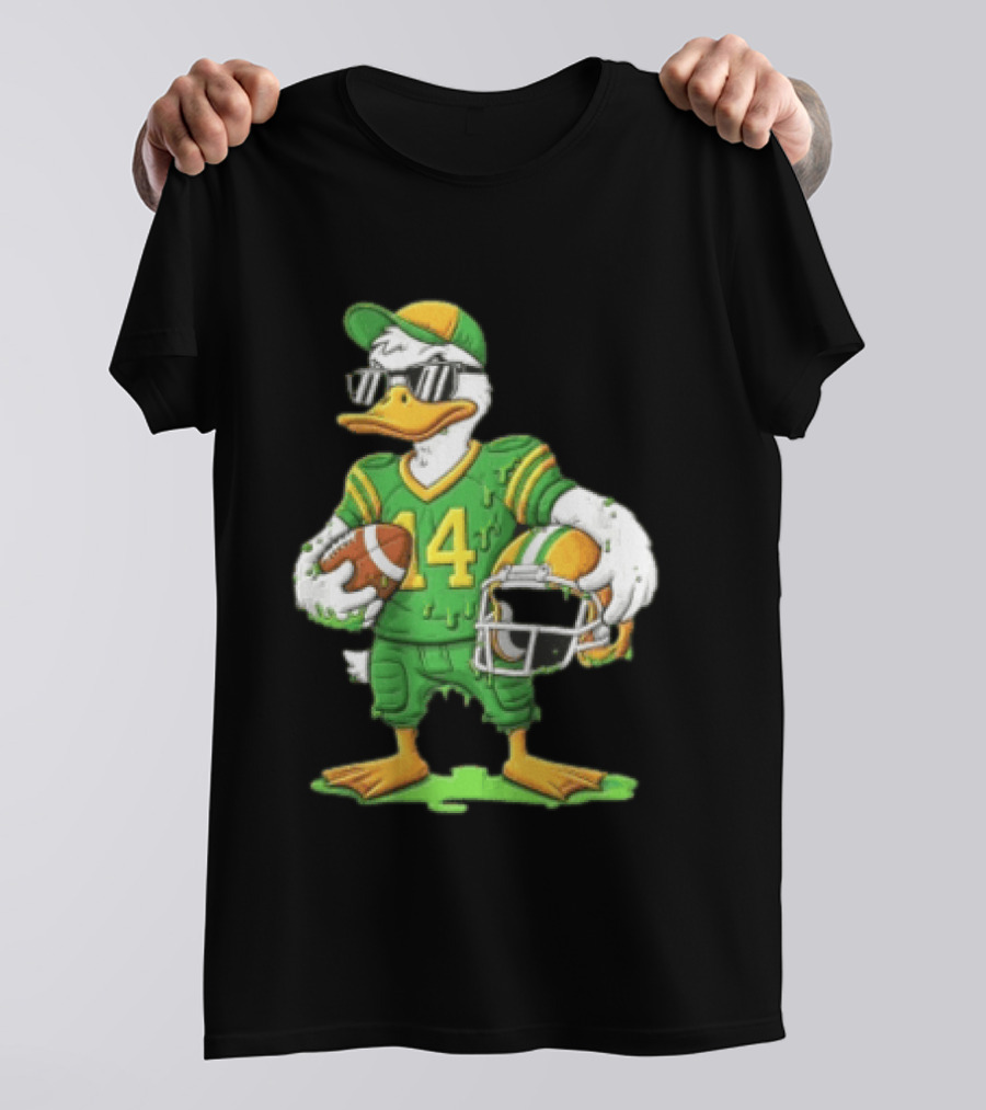 Duck With Sunglasses In Green Football Uniform Holding Helmet And Ball T-Shirt