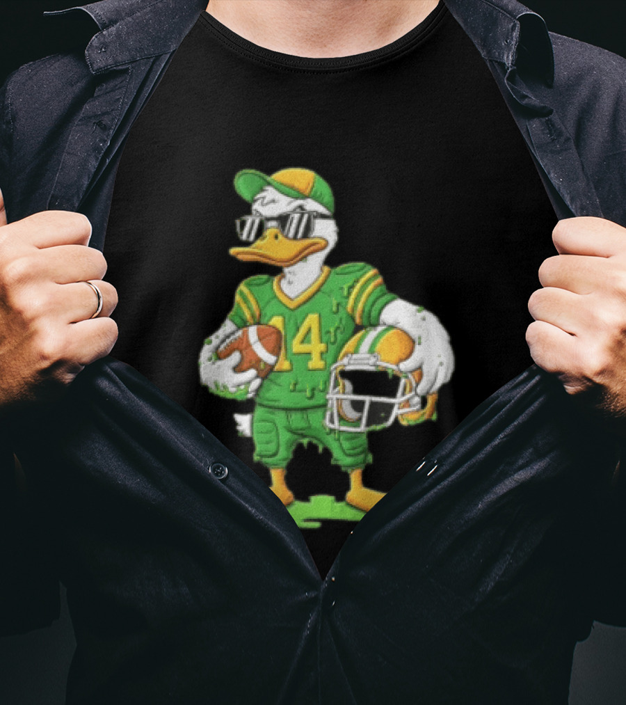 Duck With Sunglasses In Green Football Uniform Holding Helmet And Ball T-Shirt
