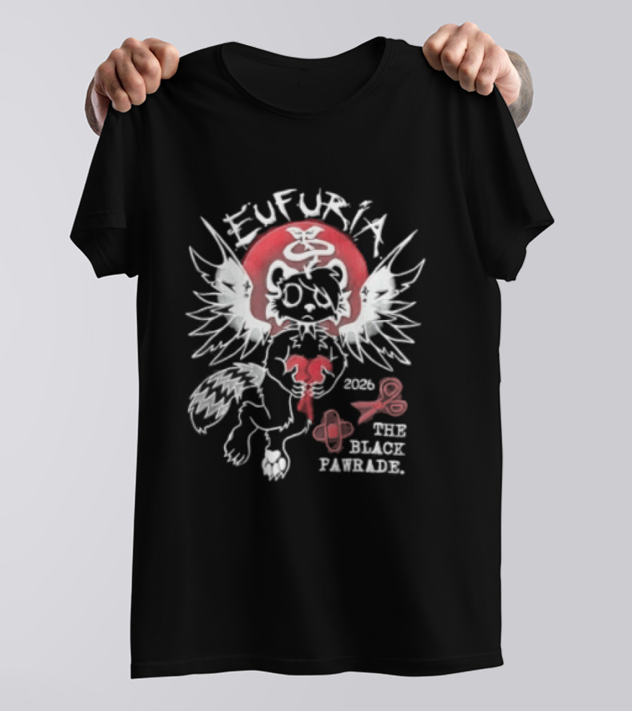 Eufuria Black Pawrade 2026 Winged Raccoon Broken Heart T-Shirt