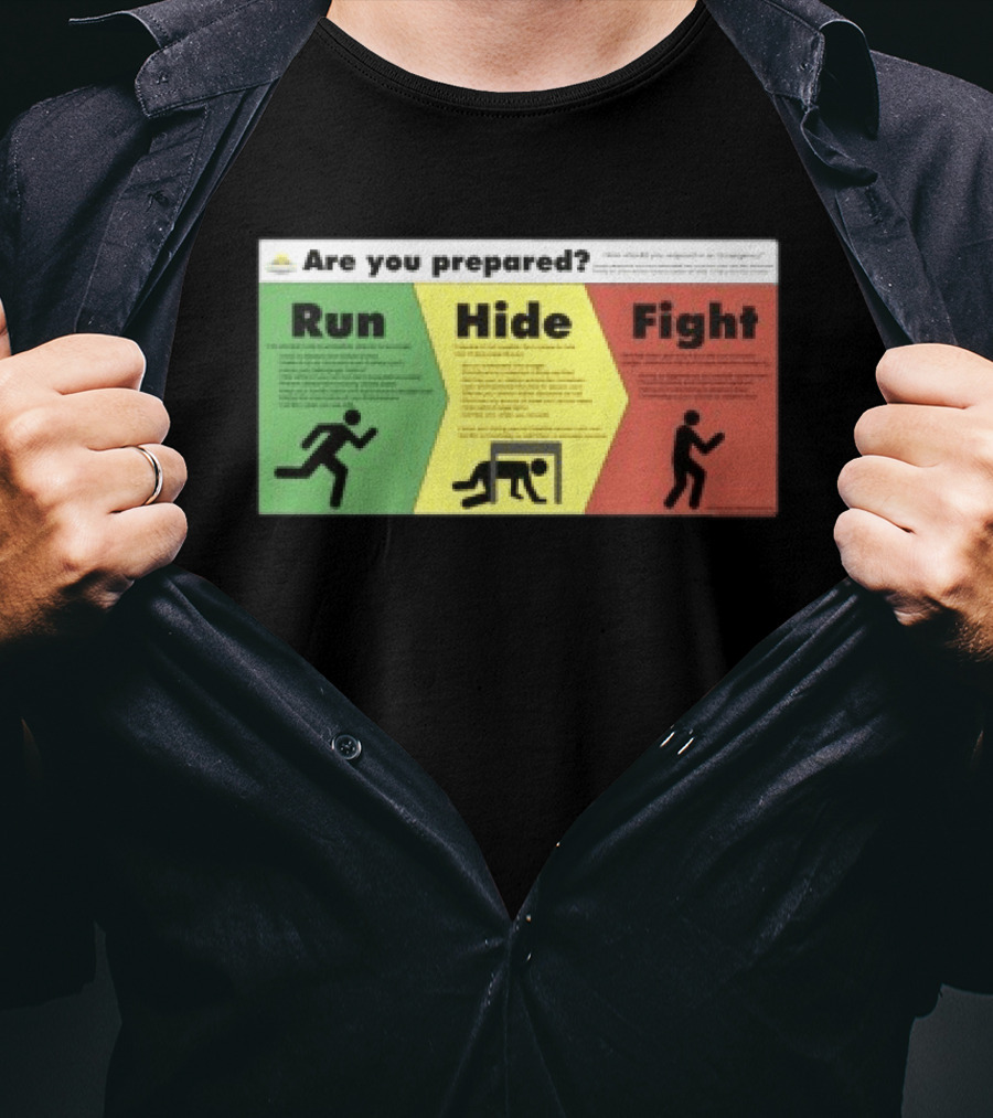 Grimykids Store Survival Guide Run Hide Fight Are You Prepared Emergency Strategy T-Shirt