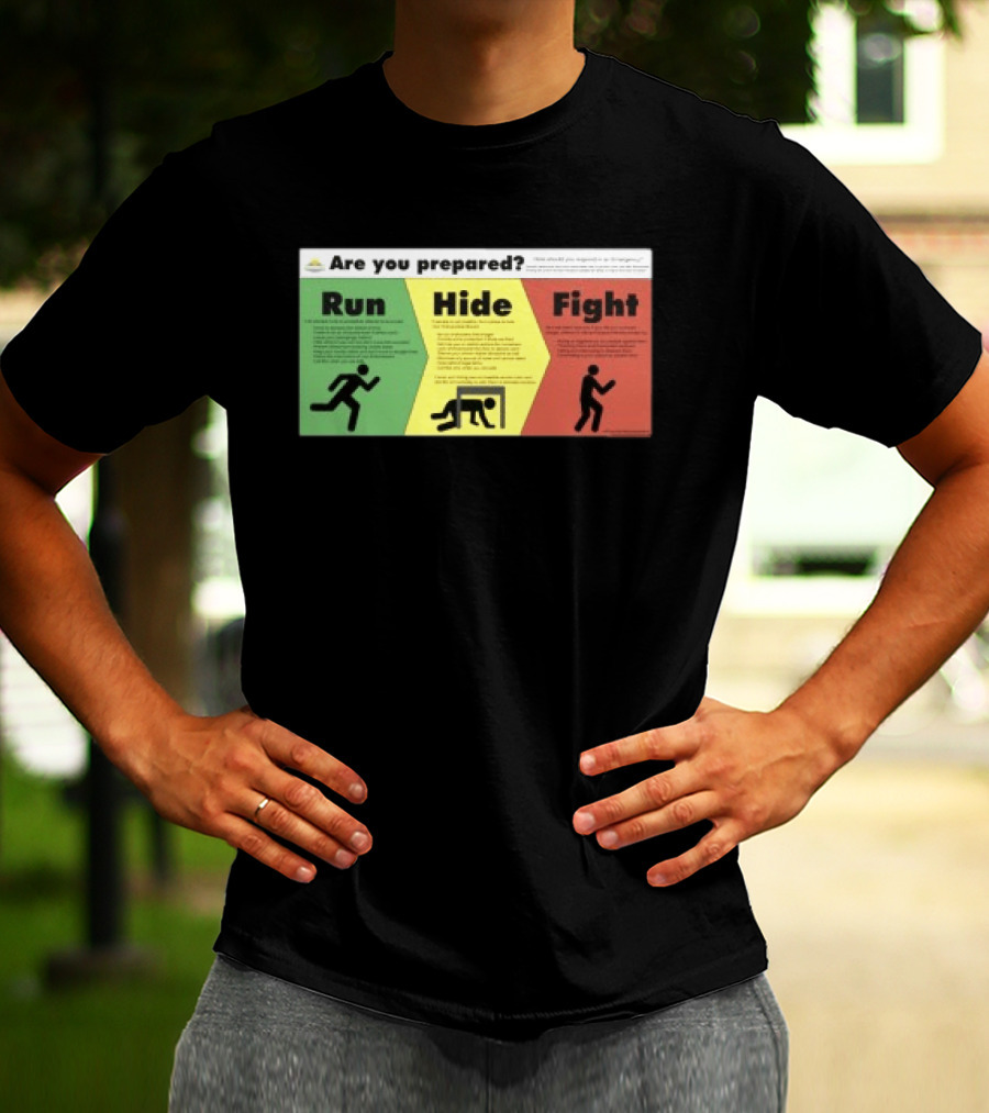 Grimykids Store Survival Guide Run Hide Fight Are You Prepared Emergency Strategy T-Shirt