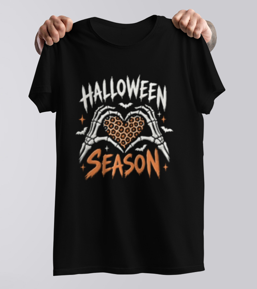 Halloween Season Skeleton Hands Heart Leopard Bats T-Shirt