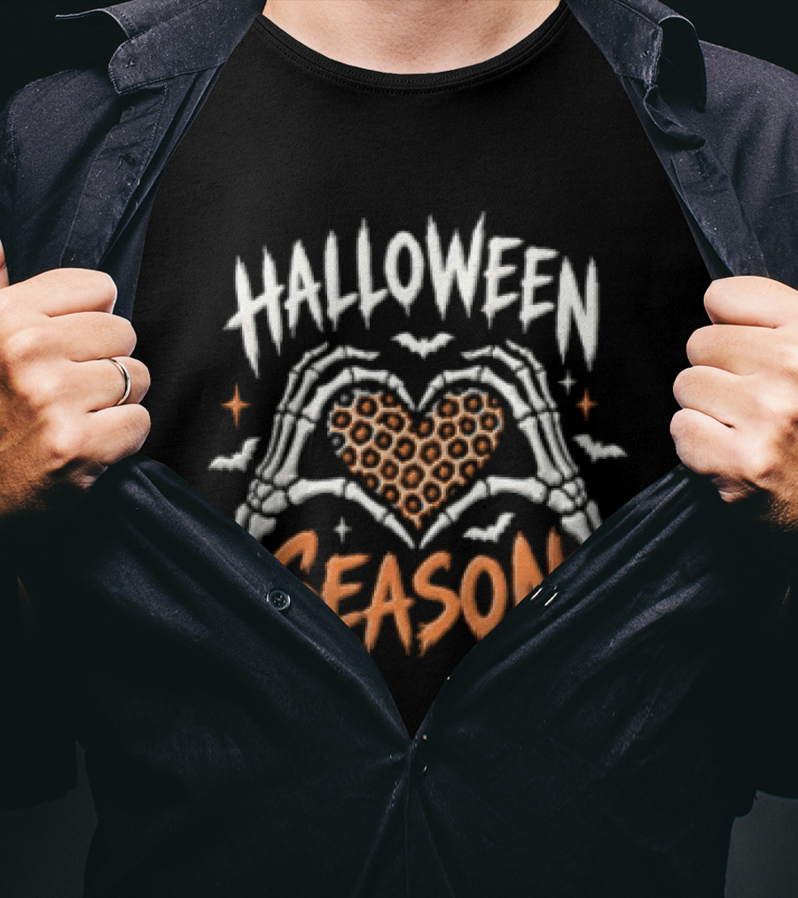 Halloween Season Skeleton Hands Heart Leopard Bats T-Shirt