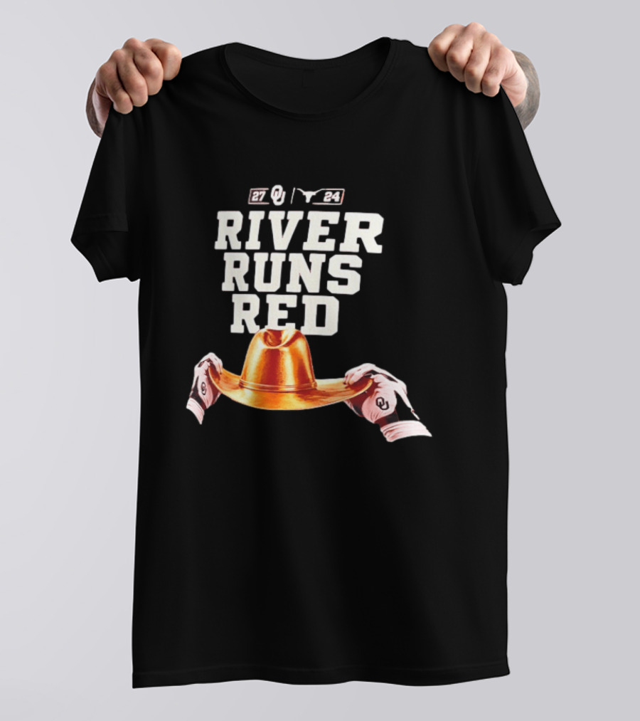 Oklahoma Sooners River Runs Red Golden Hat 2024 Victory T-Shirt
