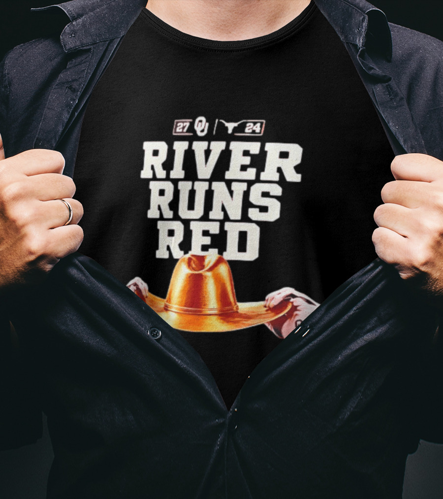 Oklahoma Sooners River Runs Red Golden Hat 2024 Victory T-Shirt