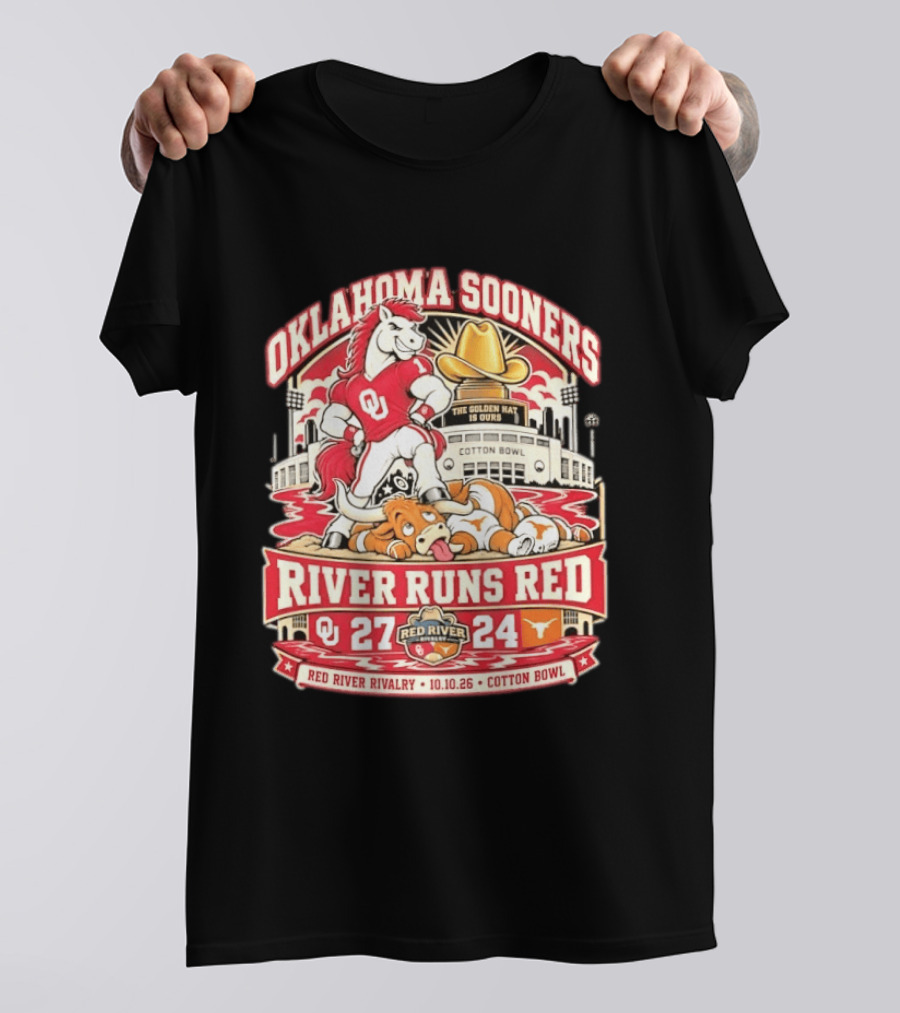 Oklahoma Sooners River Runs Red 27 24 Golden Hat Rivalry Cotton Bowl 10.10.26 T-Shirt