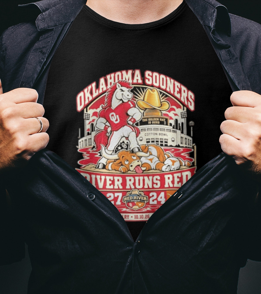 Oklahoma Sooners River Runs Red 27 24 Golden Hat Rivalry Cotton Bowl 10.10.26 T-Shirt