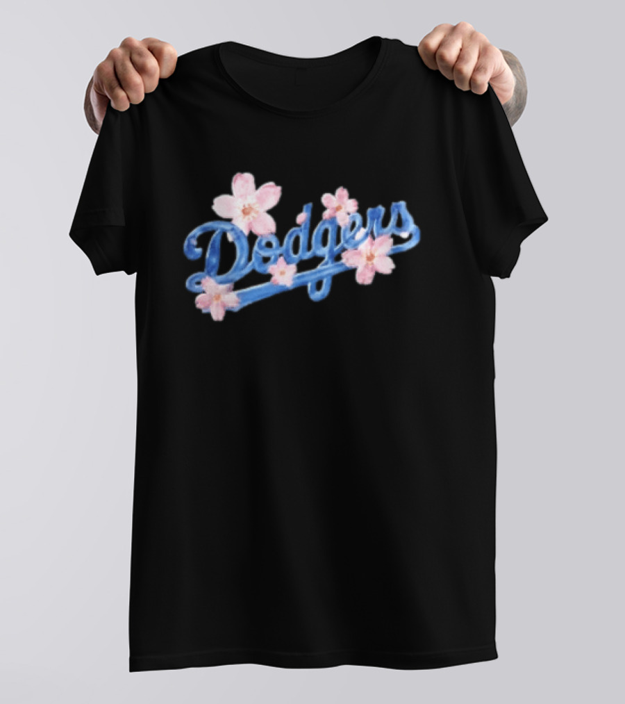 Los Angeles Dodgers Blue Script Pink Flowers T-Shirt
