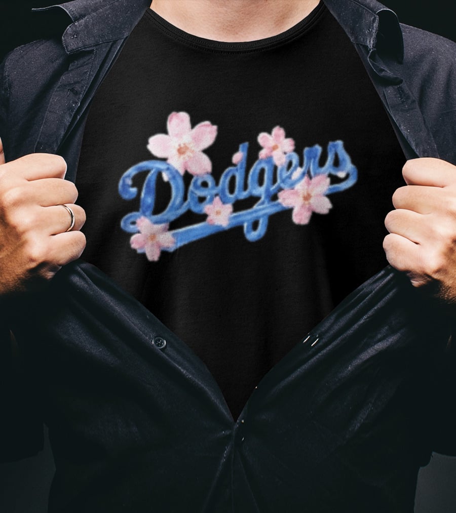 Los Angeles Dodgers Blue Script Pink Flowers T-Shirt