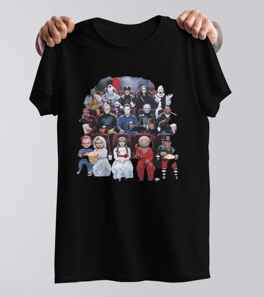 Horror Movie Characters In Cinema Seating With Popcorn And Drinks T-Shirt