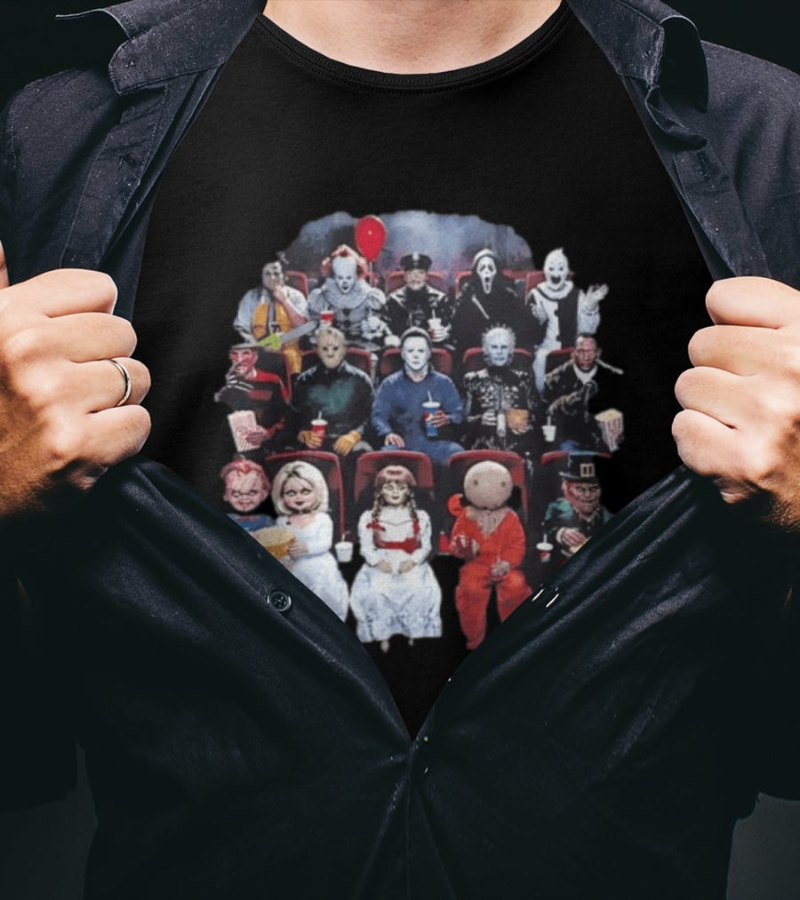 Horror Movie Characters In Cinema Seating With Popcorn And Drinks T-Shirt