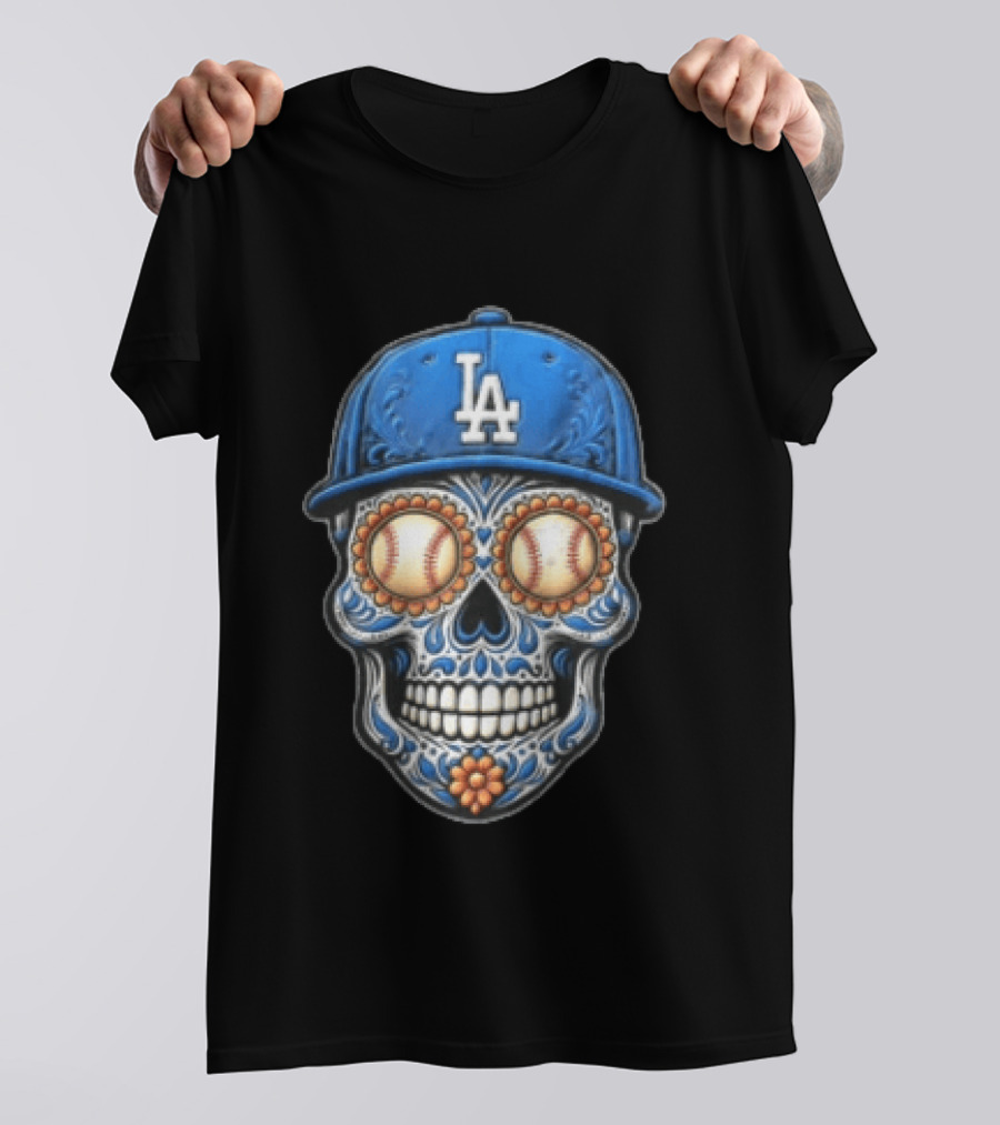 Los Angeles Dodgers Sugar Skull Baseball Eyes Hat MLB Fan Merchandise T-Shirt