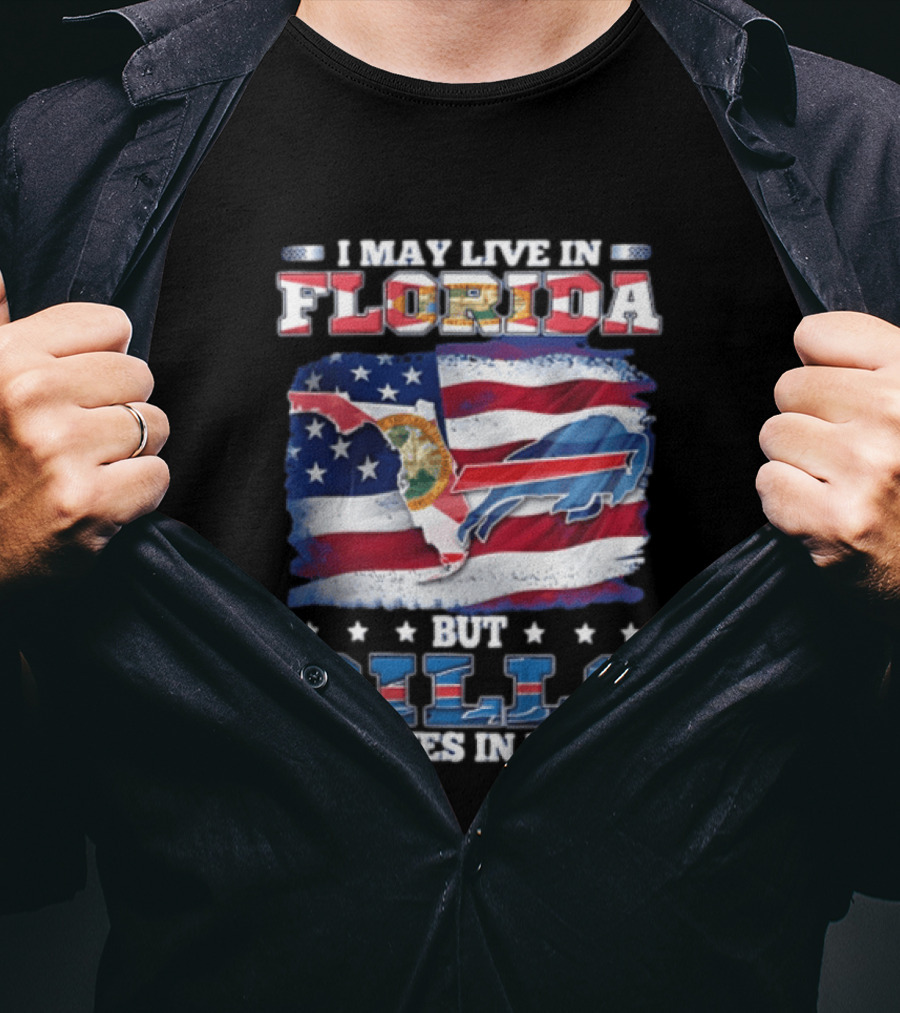 I May Live In Florida But Bills Lives In Me Buffalo Bills Flag Map T-Shirt