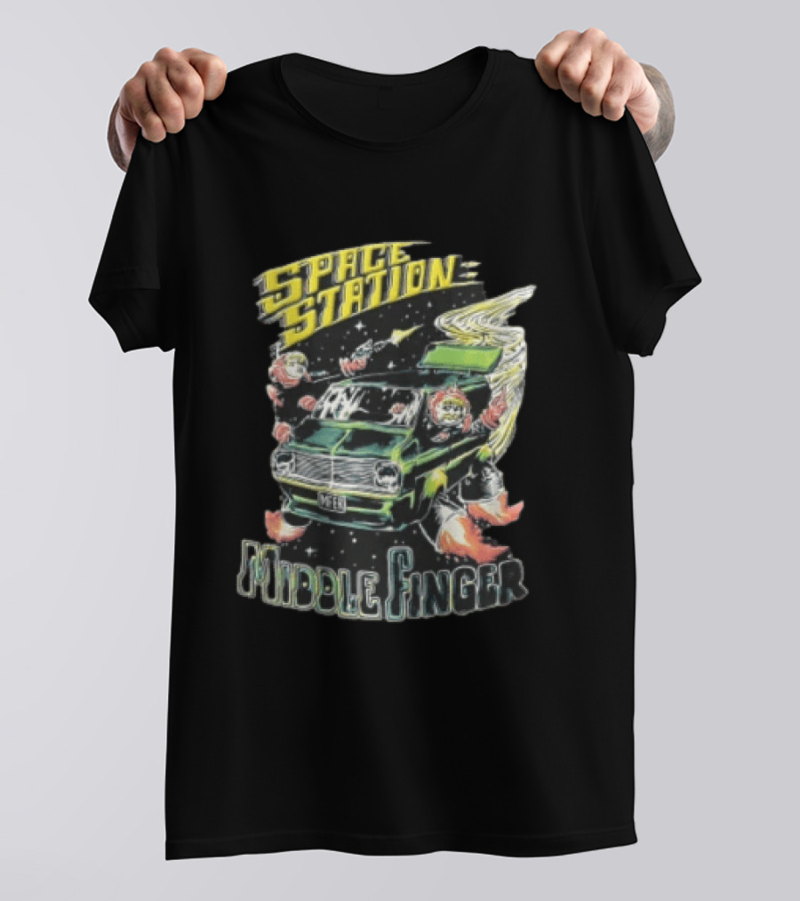 Space Station Middle Finger Astronauts Flying Green Van T-Shirt