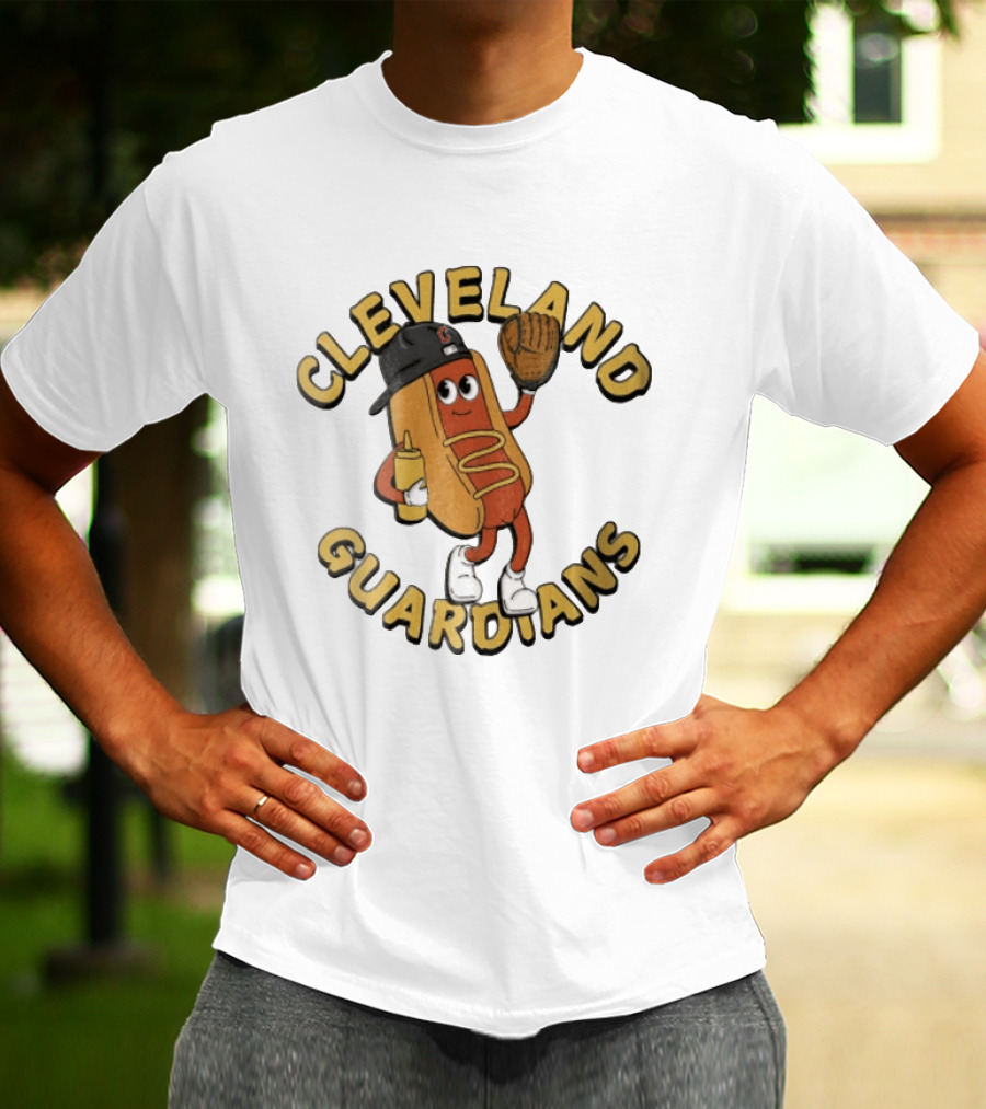 Cleveland Guardians Hot Dog Baseball Mascot Mustard Glove T-Shirt
