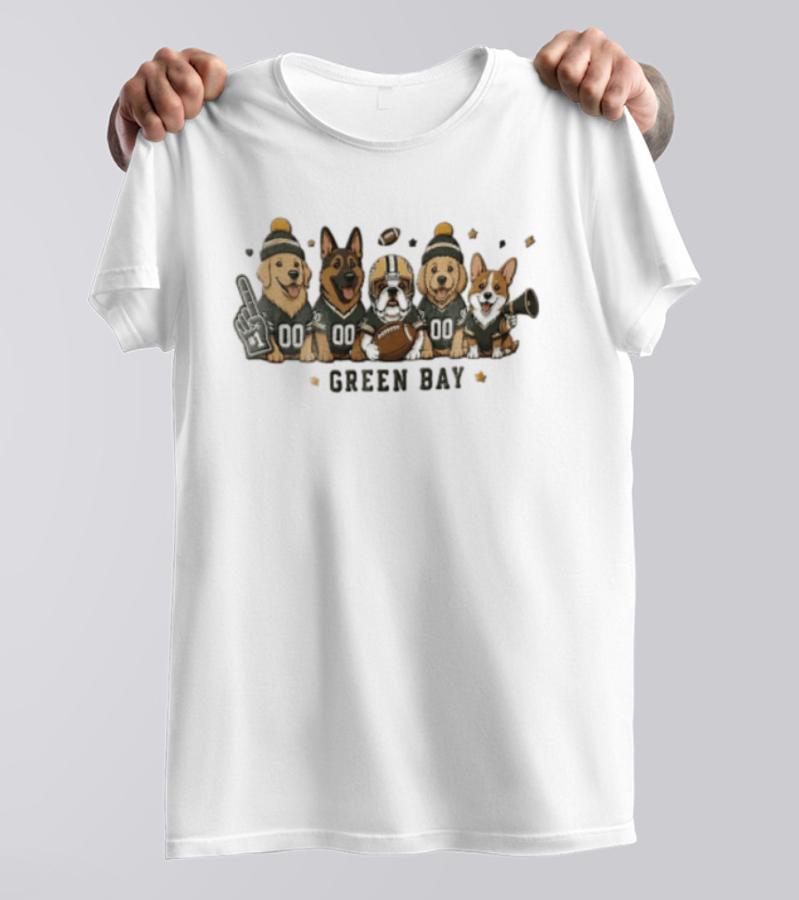 Green Bay Five Dogs In Jerseys With Football Packers Fan Gear T-Shirt
