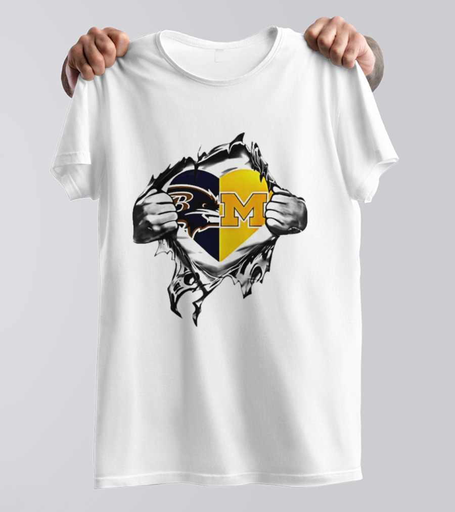 Ravens Michigan Heart Rips Open Chest Men's Double Loyalty Football Fan Gear T-Shirt