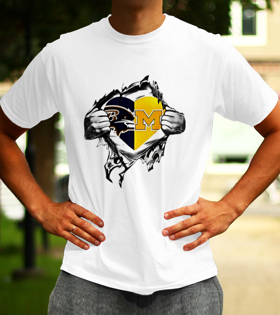 Ravens Michigan Heart Rips Open Chest Men's Double Loyalty Football Fan Gear T-Shirt